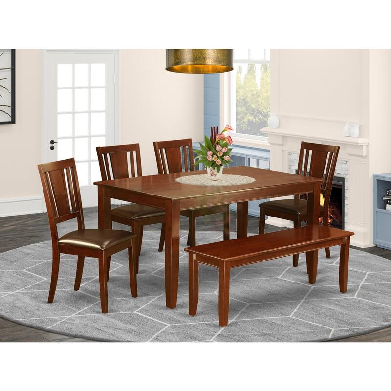 Asian Fusion Kitchen Table Set - Dining Table with 4 Chairs & Bench - Modern Dining Room Furniture