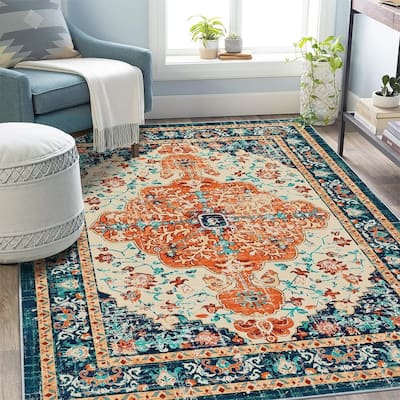 Boho Vintage Area Rug Machine Washable Low Pile Soft Floor Carpet