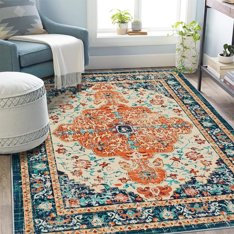 Boho Vintage Area Rug Machine Washable Low Pile Soft Floor Carpet