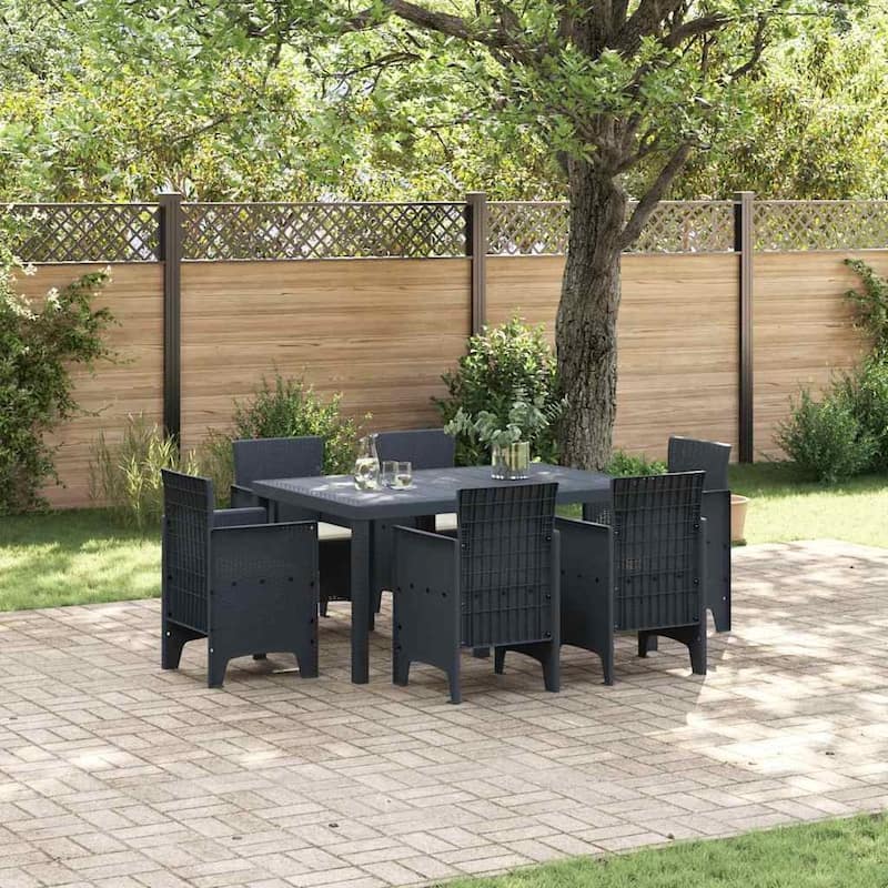 vidaXL Garden Dining Set 5/7 pcs Anthracite/Brown Polt rattan - 150 x 100 x 73 cm - Anthracite/ Cream white/ 6 seater