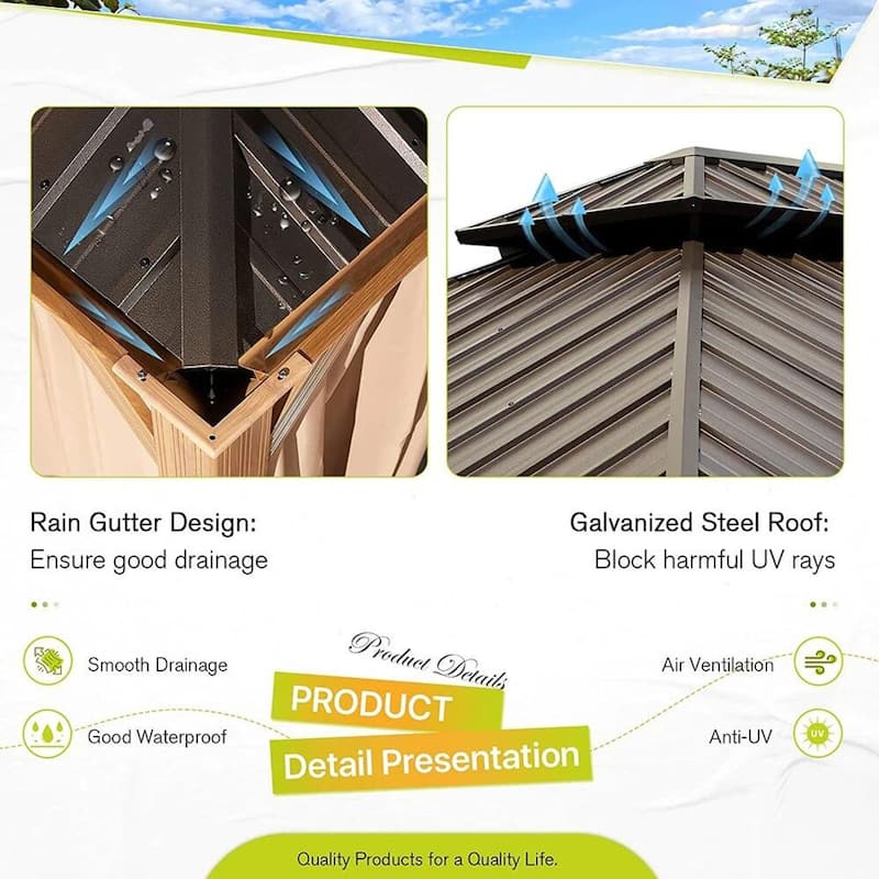 Outdoor Galvanized Steel Roof Gazebo Pergola w Wooden Coated Alumninum Frame, Privacy Curtains and Nettings Include