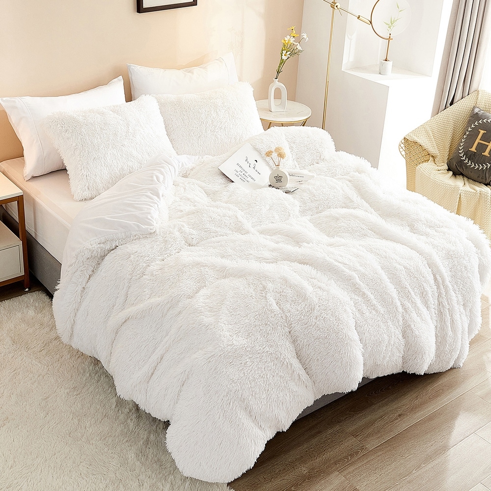 2 Pillowcases ULTRA LUXURIOUS long pile fleece faux fur Double Bedding Set 