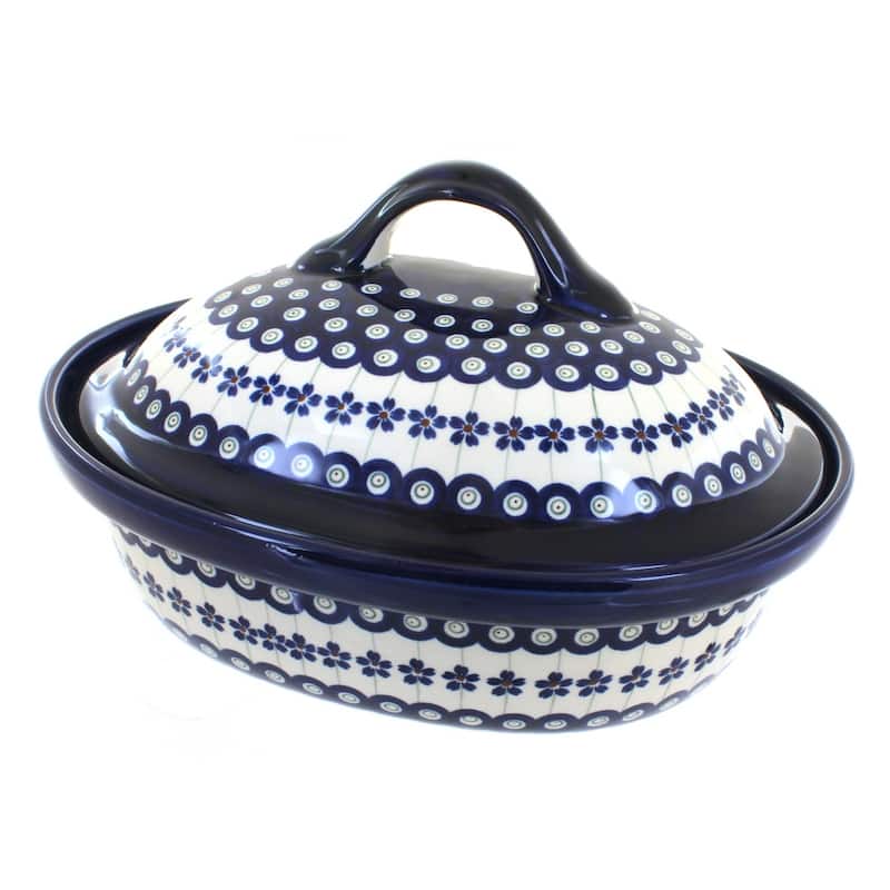 Blue Rose Polish Pottery 1158 Zaklady Roaster with Lid - Flowering Peacock