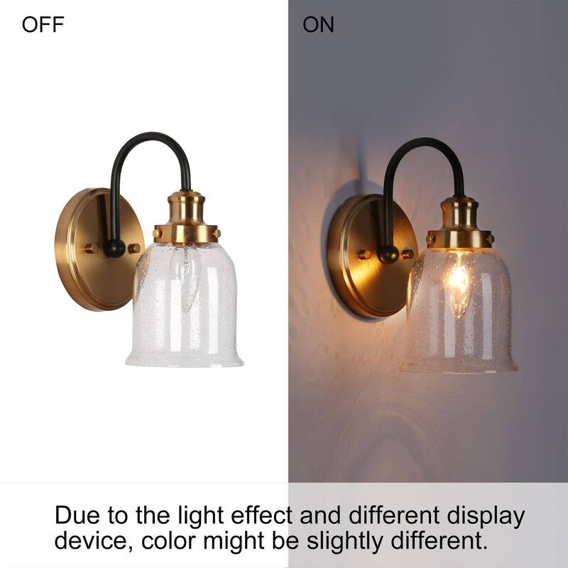 Kesa Modern Black Gold 1-Light Wall Sconces Bathroom Vanity Lights with Seeded Glass