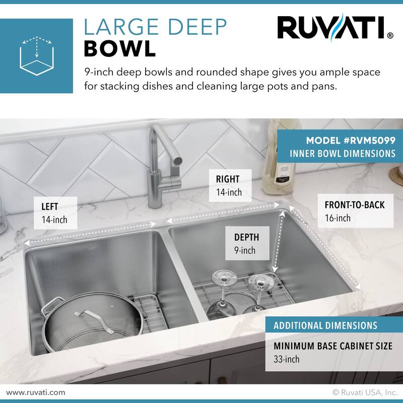 Ruvati 31-inch Undermount Kitchen Sink 50/50 Double Bowl 16 Gauge Stainless Steel - RVM5099 - 8' x 11'
