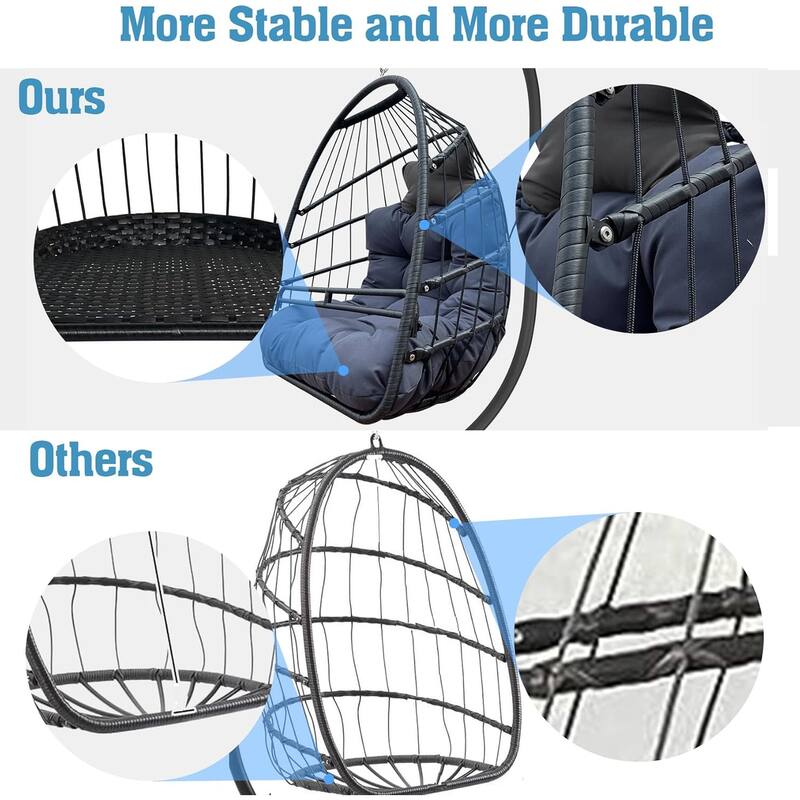 Swing Egg Chair with Cushion and Pillow, Indoor Outdoor Wicker Rattan Patio Basket Hanging Chair with Metal Stand