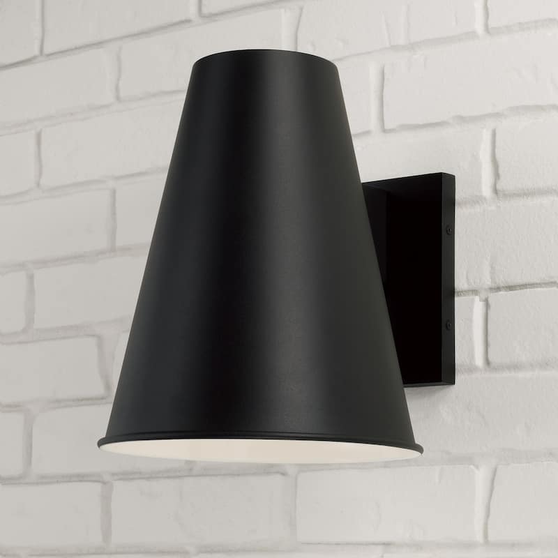 1-Light Outdoor Night Sky Friendly Cone Wall Lantern in Black with Painted White Interior