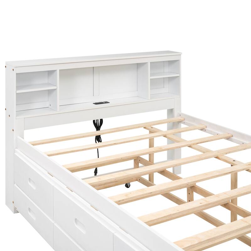 Platform Bed with Storage Headboard, USB, Twin Size Trundle and 3 Drawers