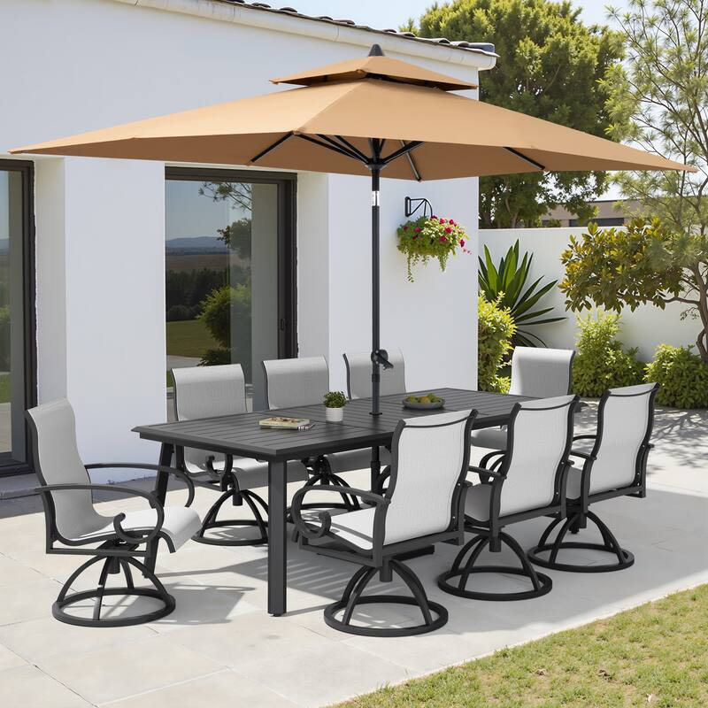 11-Piece Outdoor Patio Dining Set Aluminum Table and Swivel Sunbrella Dining Chairs w/ Umbrella and Base - Augustine Oyster