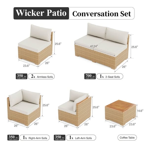 dimension image slide 4 of 7, MAISON ARTS Outdoor Sofa Set，All-Weather Solid Wood Wicker Sectional Furniture Set