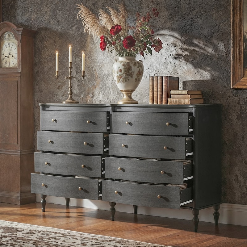 Elegant 8-Drawer Dresser with Solid Wood Legs, Vintage Curved Front Chest of Drawers for Bedroom Storage