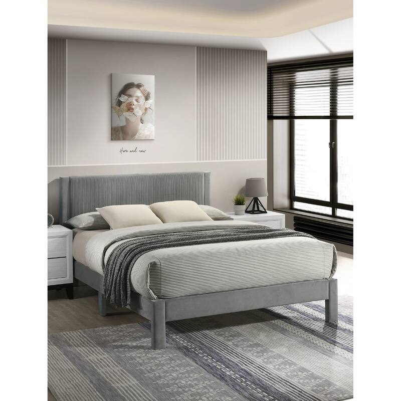 Queen Size Upholstered Platform Bed with Ribbed Headboard and Low-Profile Frame