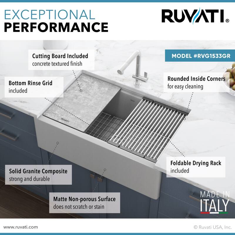 Ruvati 33-inch Matte Gray Granite Farmhouse Workstation Apron-front Composite Kitchen Sink - 33" x 20-1/2? - 33" x 20-1/2″