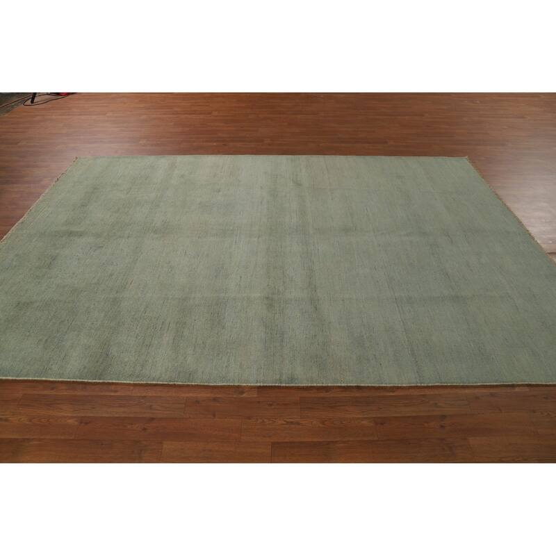 Modern Gabbeh Oriental Area Rug Hand-Knotted Solid Green Wool Carpet - 6'7" x 9'6"