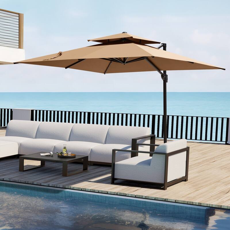 Outdoor Patio Cantilever Offset Umbrella 10 ft Square Double Top without Base - Tan
