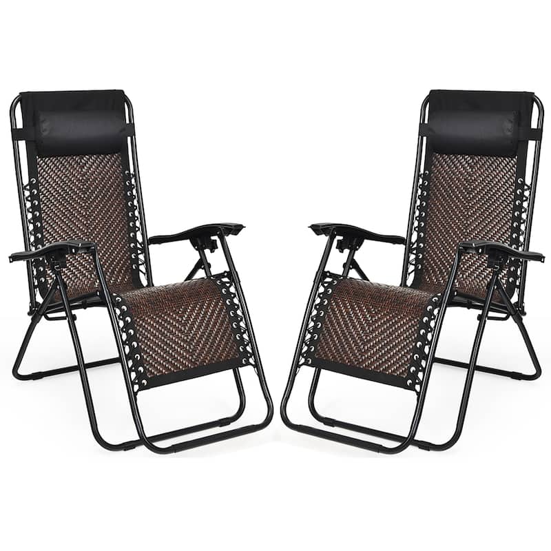 2PCS Foldable Patio Rattan Zero Gravity Lounge Chair with Headrest - Brown