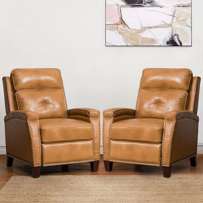 Gaspar Mid-Century Modern Genuine Leather Pushback Recliner with Wood legs Set of 2 by HULALA HOME