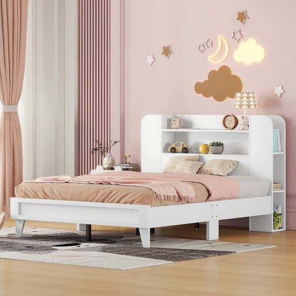 slide 2 of 9, White Full Size Platform Bed with Storage Bookshelf Headboard Full - White