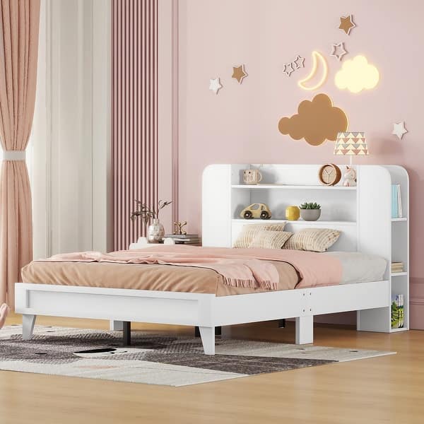 slide 2 of 9, White Platform Bed with Storage Bookshelf Headboard