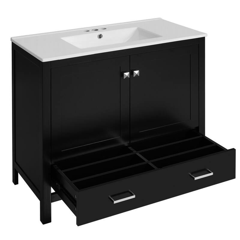 GDFStudio - Aurora Wood Bathroom Vanity Set with Ceramic Sink and Divided Drawers