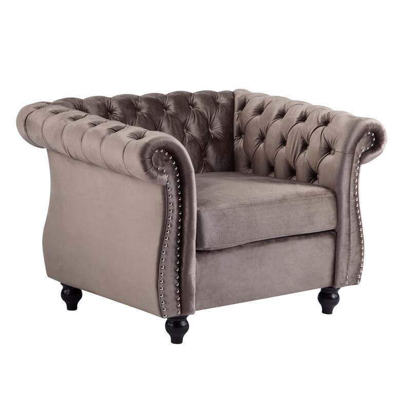 Roomfitters Tufted Club Chair with Deep Button Upholstery, Rolled Arm Design and Metal Stud Trim, Light Brown