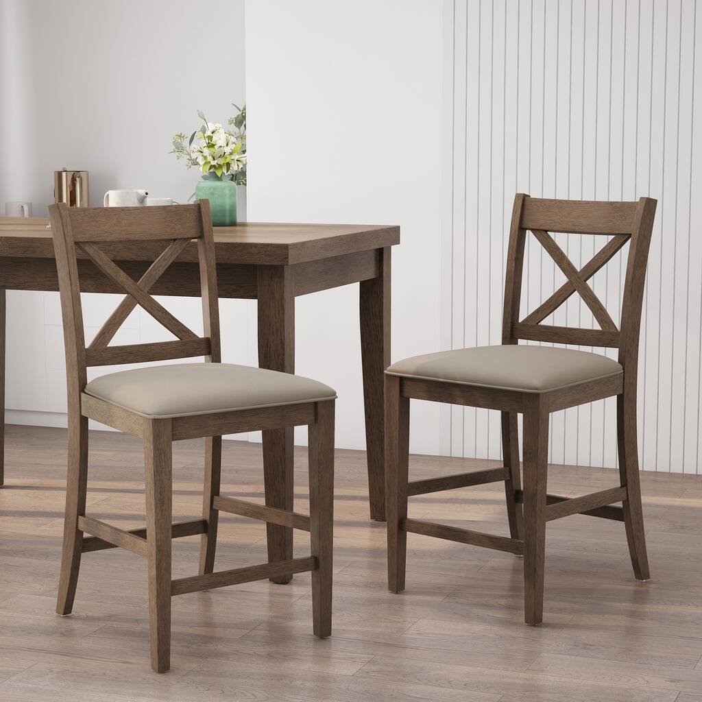 Roomfitters Upholstered Wood Counter Stools with X-Back Design, Comfortable Bar-Height Kitchen Chairs (Set of 2)