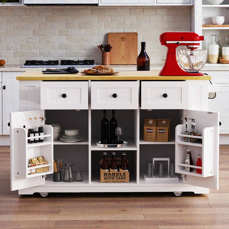 53" Large Kitchen Island with Drop Leaf, Power Outlet, Rolling Cart with Internal Door Racks, Wheels