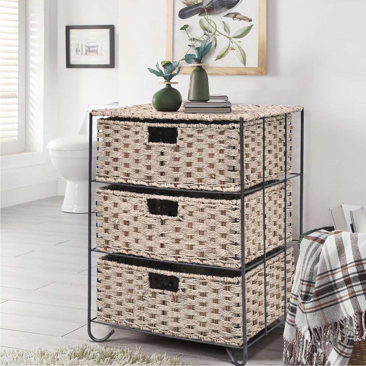 Shop Costway Drawer Storage Unit 3 Rattan Wicker Baskets Bin Chest