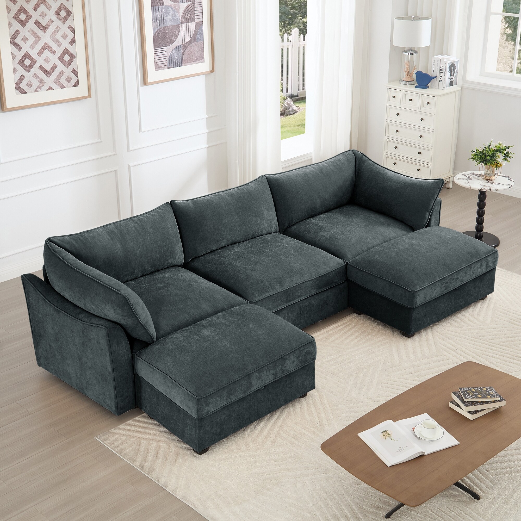 Modular Sectional Sofa Set w/Seat Storage, Pull-out Drawer for Living
