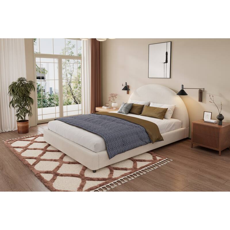 Roomfitters Queen/Twin Size Boucle Upholstered Platform Bed with Round Curved Headboard, Modern Bedroom Style, White