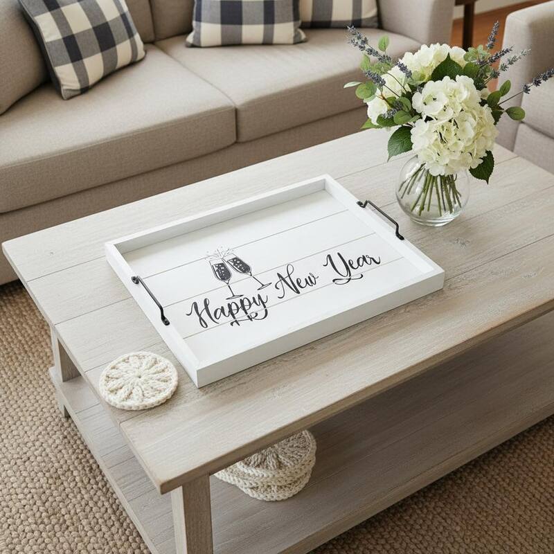 HomeRoots 16" Light Gray And Black Happy New Year Serving Tray With Handles - 15.50 in. x 2.25 in. x 12.00 in. - Light Gray/Black - 15.50 in. x 2.25 in. x 12.00 in.