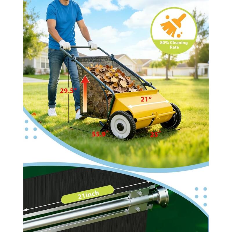 21-Inch Push Lawn Sweeper 35 cu. ft. Capacity Adjustable Height for Grass Leaves and Debris