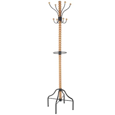 Wood Spindle 8 Hook Coat Rack with Black Metal Accents and Beaded Ends - Brown - Roche River Decor
