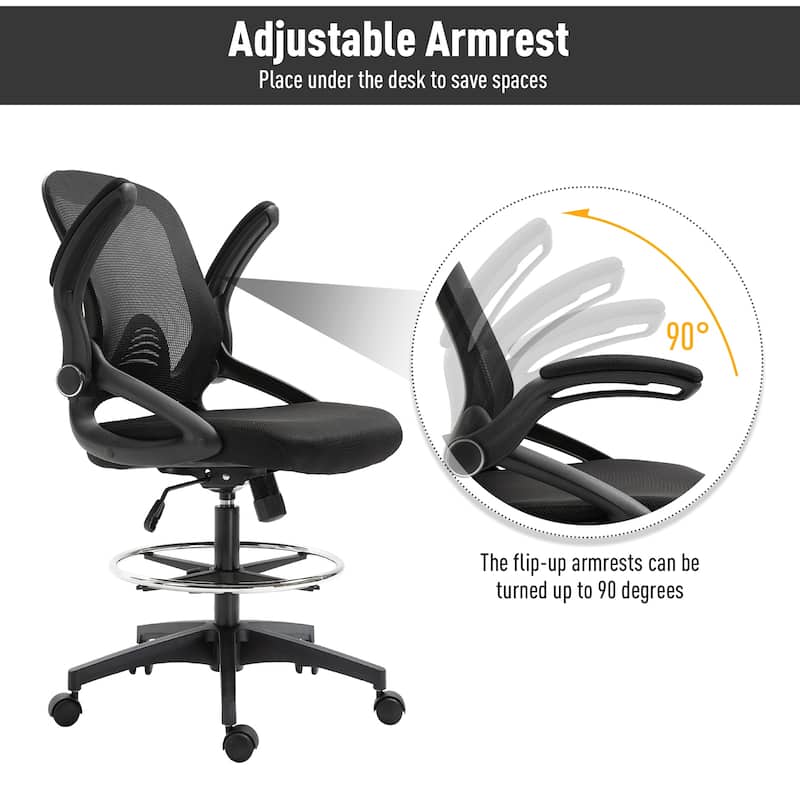 Vinsetto Drafting Office Chair with Flip-Up Armrests, Footrest Ring and Adjustable Seat Height, Black