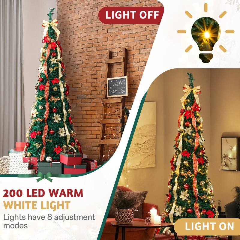 7 FT Fully Decorated Pre-lit Pop Up Artificial Xmas Tree with 200 Warm Lights Remote Control