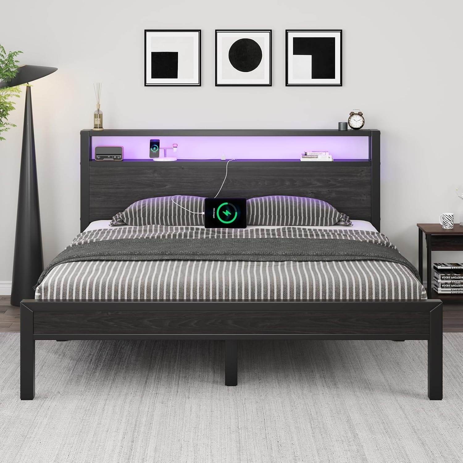 Queen Size Bed Frame with Storage, Charging Station, LED Lights, and Heavy Duty Metal Slats, No Box Spring Needed, Black