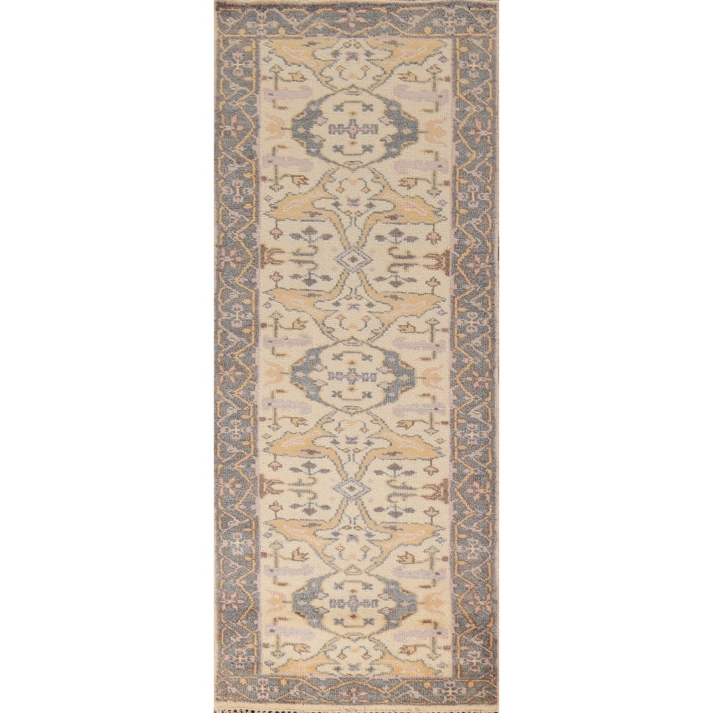 Earth Tone Oushak Oriental Runner Rug Handmade Beige Wool Carpet - 2'7" x 8'1"