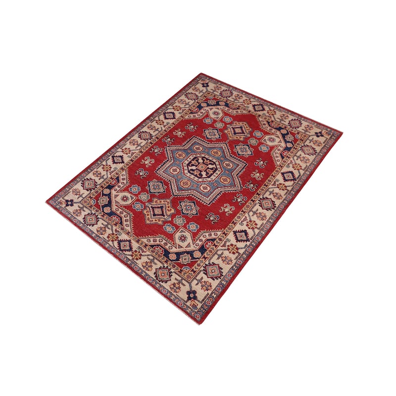 Southwestern Kazak Reynaldo Red/Beige Wool Rug - 4'0'' x 5'5''