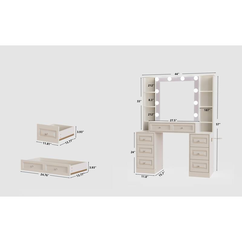 Makeup Vanity with Mirror and Lights, Dressing Table with USB Ports, Hair Dryer Holder & 7 Storage Drawers