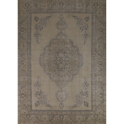 Traditional Tabriz Persian Vintage Beige Wool Carpet - 9'6" x 12'7"