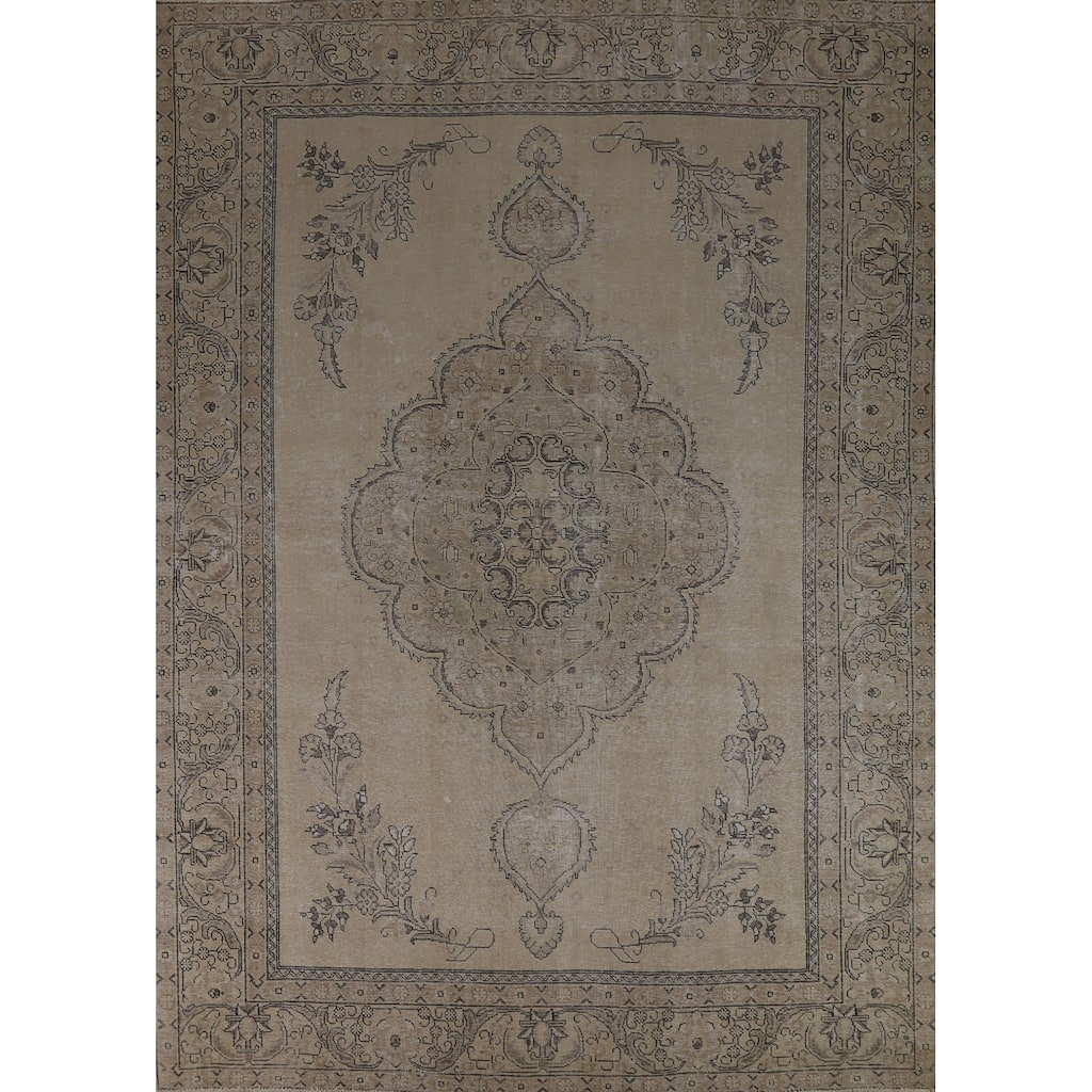 Traditional Tabriz Persian Vintage Beige Wool Carpet - 9'6" x 12'7"