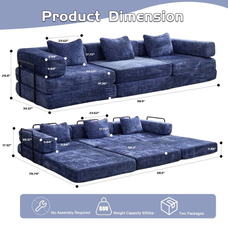 Chenille Fabric Compression Sofa, Boneless Modular Sectional Sofa, Convertible Floor Sofa Bed with Fixed-Shape Frame