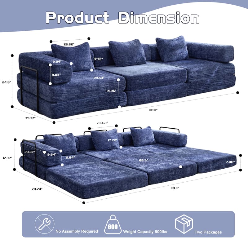 Free Combination Lazy Folding Sectional Sofa Chenille Modular Sleeper Sofa Bed Floor Standing Compression Mattress