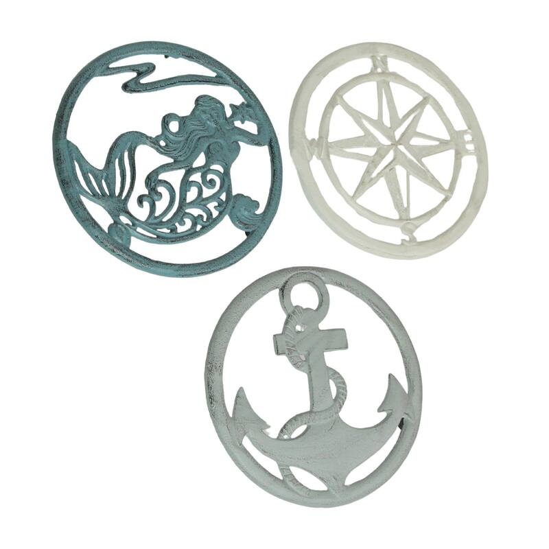 Zeckos Cast Iron Mermaid Anchor Compass Rose Kitchen Trivet (Set Of 3) - 0.75 X 7.75 X 7.75 inches