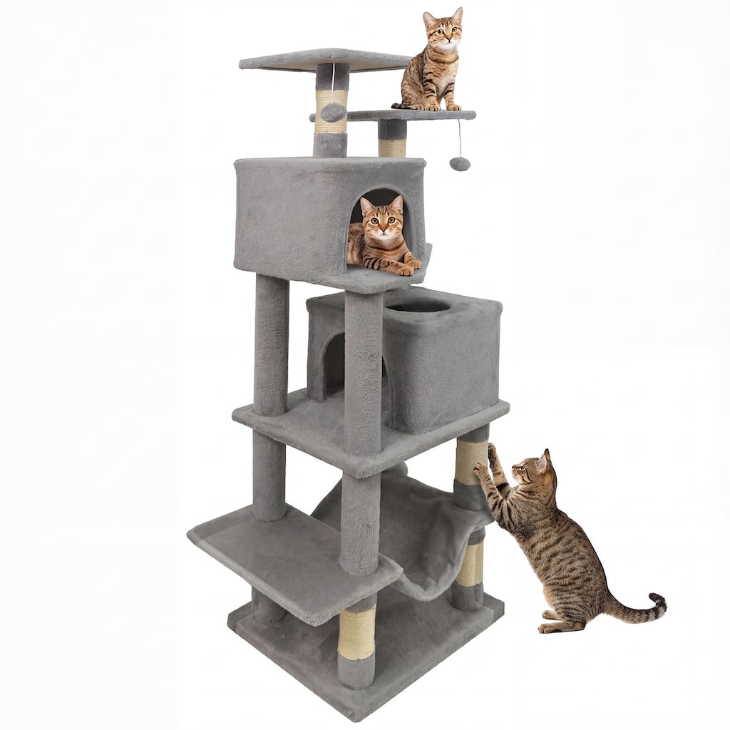 Gymax 57'' Cat Tree for Indoor Cats w/ Dual Condos Hammock Sisal - Light Grey