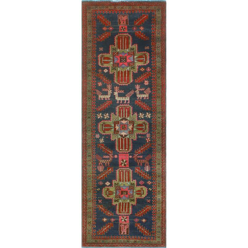 Fine Vintage Distressed Khojasst Navy/Red Runner - 3'3" x 9'7"