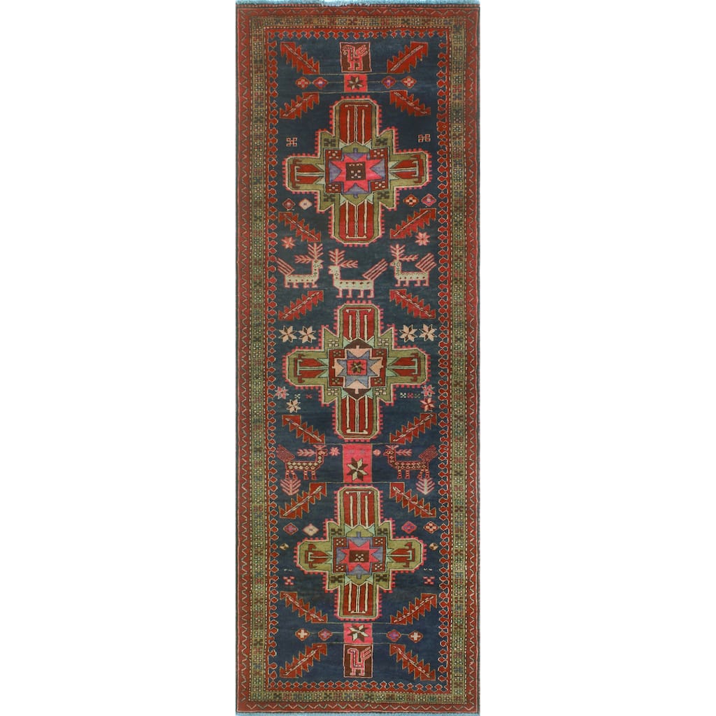 Fine Vintage Distressed Khojasst Navy/Red Runner - 3'3" x 9'7"