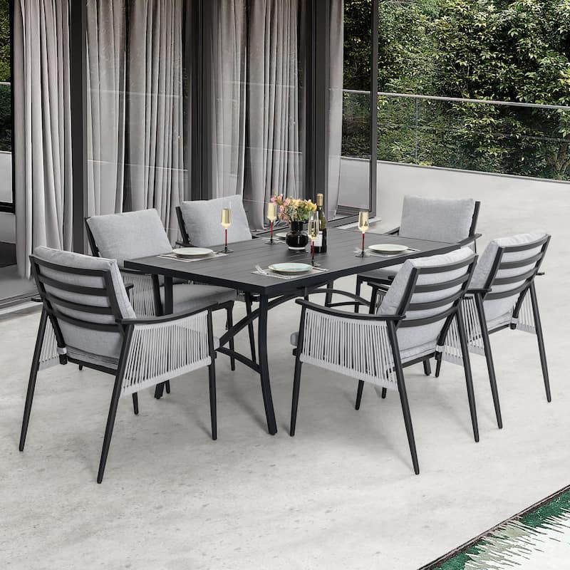 7-Piece Aluminum and Textilene Rope Patio Dining Set with Umbrella Hole