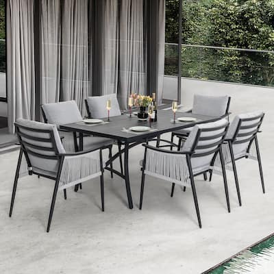 7-Piece Aluminum and Textilene Rope Patio Dining Set with Umbrella Hole