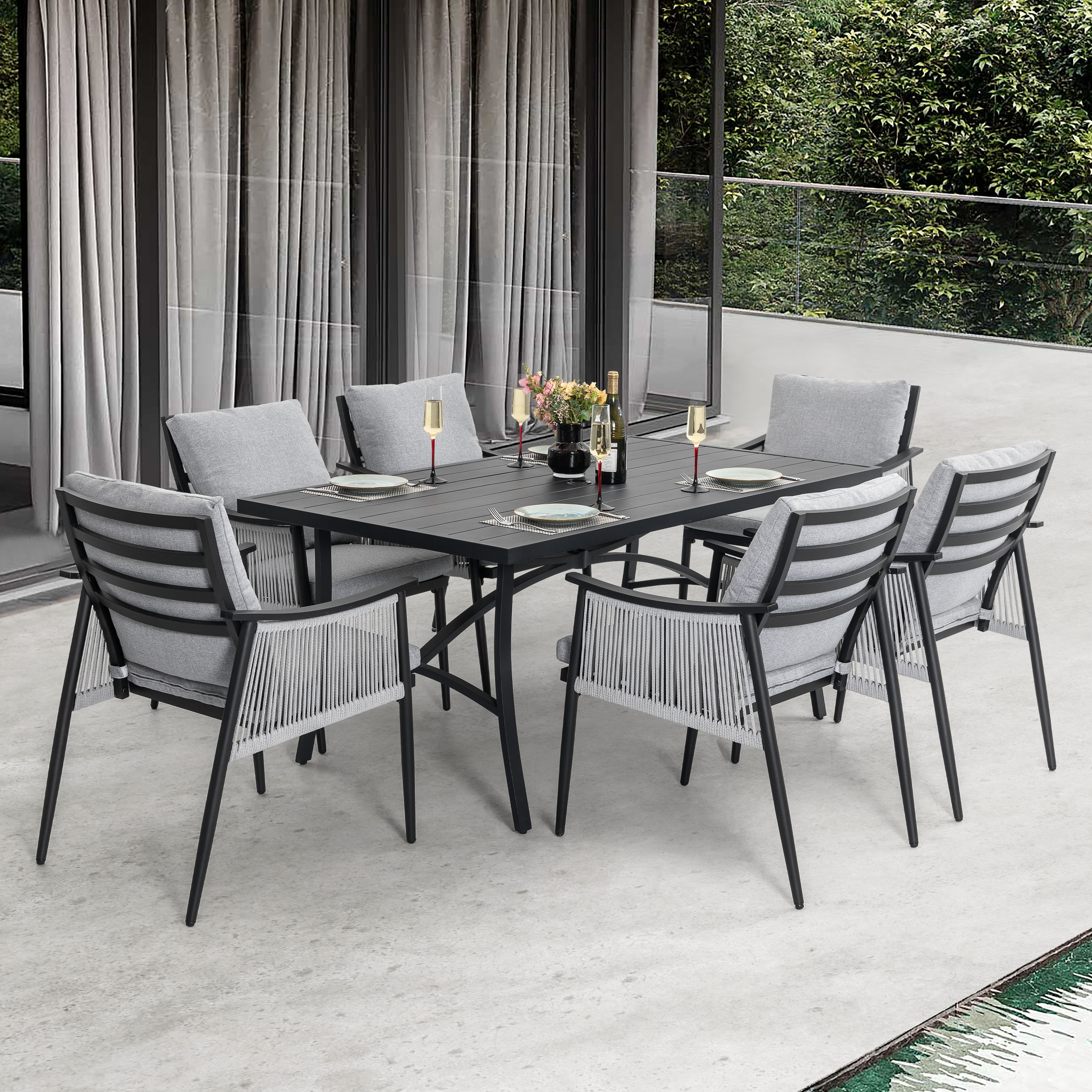 Nuu Garden 7-Piece Aluminum and Textilene Rope Patio Dining Set with Umbrella Hole